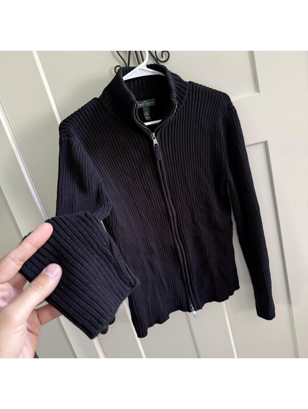 LRL Lauren Jeans Co Ribbed Full Zip Sweater Black Women’s Large 100% Cotton - Picture 2 of 7